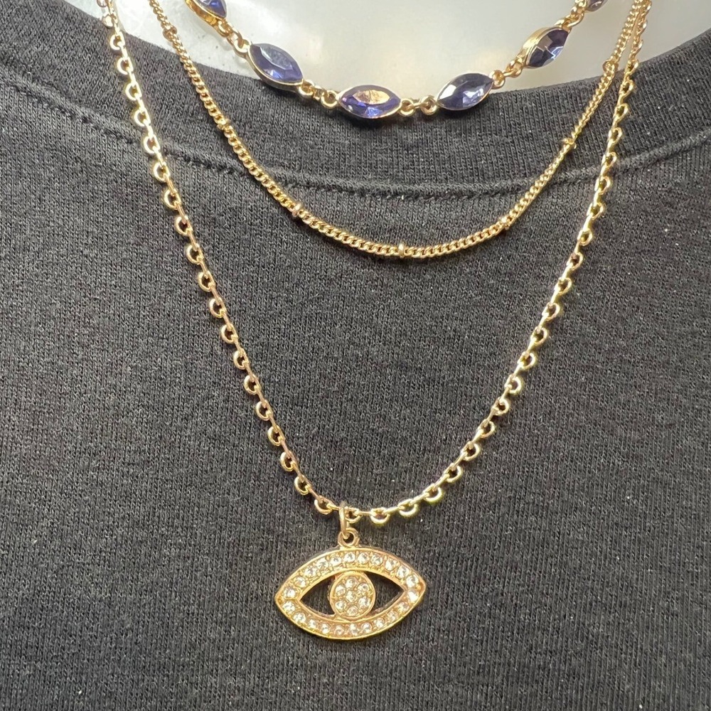Gold Tone Layered Necklace Evil Eye Pendant & Blue Accent Jewelry Witchy